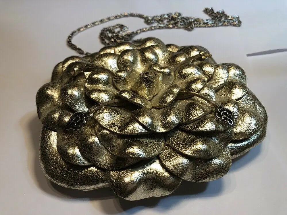 BRIGHTON Gold Metallic Leather Flower Clutch Chain Purse Handbag Kisslock by Brighton