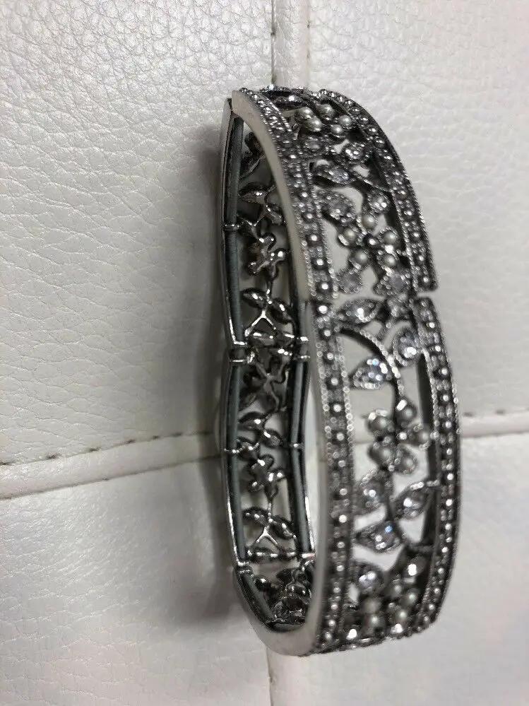 Stretchy Bracelet Floral Rhinestone Crystals Silver Tone Statement Bling SHINY by Unbranded