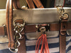 Aldo Navy & White Stripe Brown Leather Nautical Handbag Gold Chain Zipper Tassel