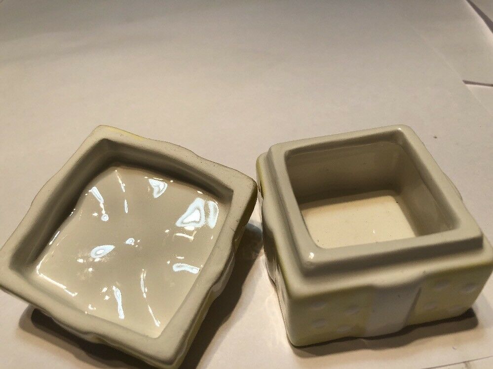 May Co Square Ceramic Trinket Box,White/Yellow Ribbon Gift.
