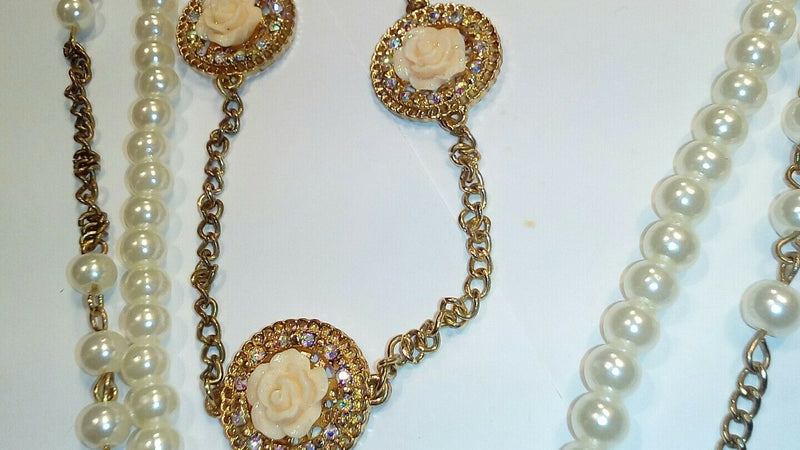 lovely  costume pearl and floral  three layered necklace