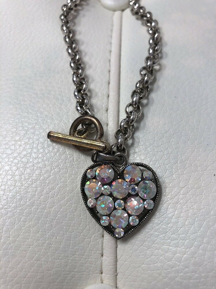 16" Rose Gold Tone Toggle Clear Rhinestone Puffy Heart Necklace