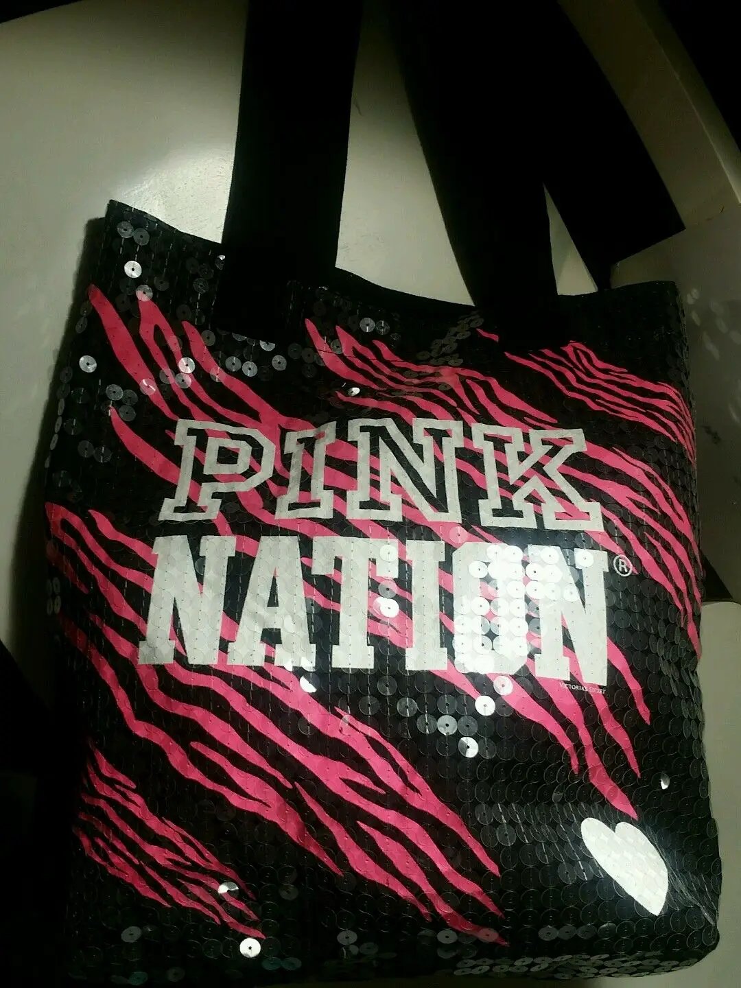 Victoria's Secret Pink Nation Black and Pink Sequins Embellished Canvas Tote Bag by Victoria's Secret