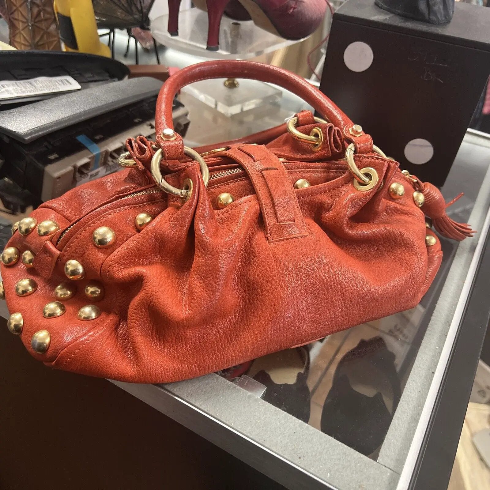Love Moschino Barrel Hand bag women Orange lined interior Studded by Love Moschino