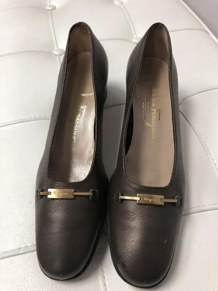 Salvatore Ferragamo Boutique Brown Leather Square Heels Pumps Size 8.5 4A Narrow by Salvatore Ferragamo
