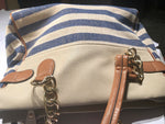 Aldo Navy & White Stripe Brown Leather Nautical Handbag Gold Chain Zipper Tassel