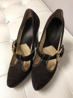 MICHAEL KORS  SUEDE ANNABEL T-STRAP PLATFORM PUMPS DARK BROWN SIZE 6M