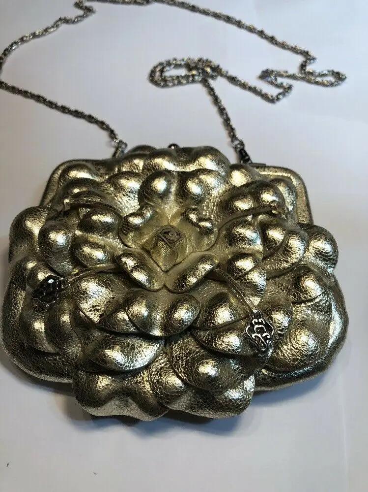 BRIGHTON Gold Metallic Leather Flower Clutch Chain Purse Handbag Kisslock by Brighton