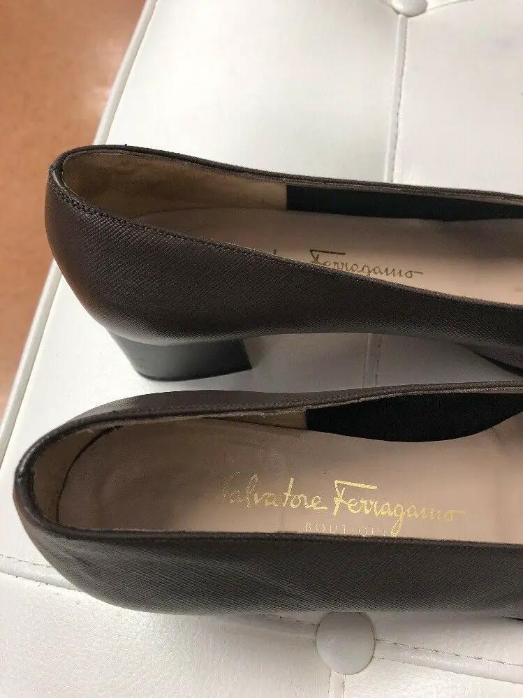 Salvatore Ferragamo Boutique Brown Leather Square Heels Pumps Size 8.5 4A Narrow by Salvatore Ferragamo