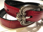 BRIGHTON RED CROCO LEATHER BELT WITH SILVER TONE ROUND HOOK BUCKLE - 5/28SMALL