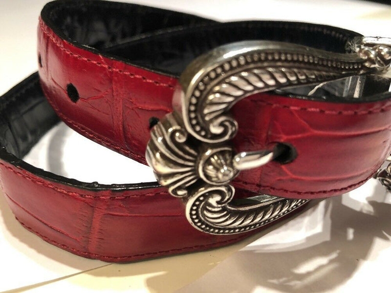 BRIGHTON RED CROCO LEATHER BELT WITH SILVER TONE ROUND HOOK BUCKLE - 5/28SMALL